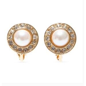 DIOR Vintage Clip-On Pearl Rhinestone Halo Earrings